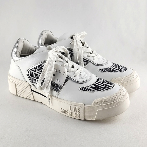 LOVE MOSCHINO Women's White Leather Low Top Trainers Sneakers Logo Fabric Sz 40 - Picture 3 of 16